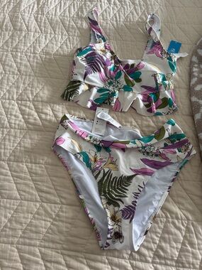 Cupshe White Floral Two-Piece Bikini with Purple, Teal & Green Accents